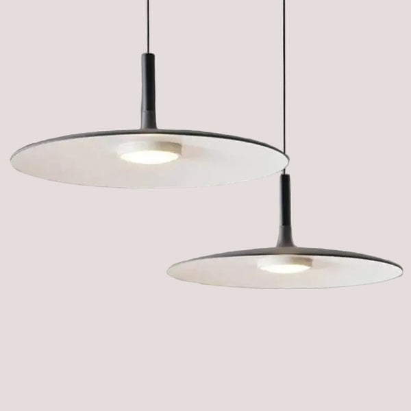 Sleek, Modern Led Pendant Lamps in minimalist design, featuring two stylish hanging lamps with circular shades.