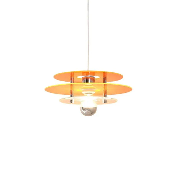 Space Age Acrylic Colorful Pendant Light with vibrant acrylic disks casting colorful shadows.