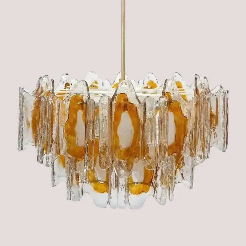 Vintage Amber Glass Chandelier – Russet Stained Glass Ceiling Light with sculptural amber and clear panels.