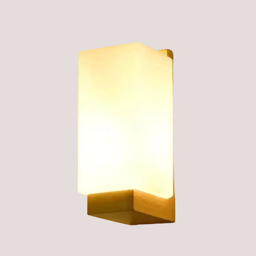 Wood and Frosted Glass Japanese Minimalist Sconces - elegant lighting design with wooden base and frosted glass shade.