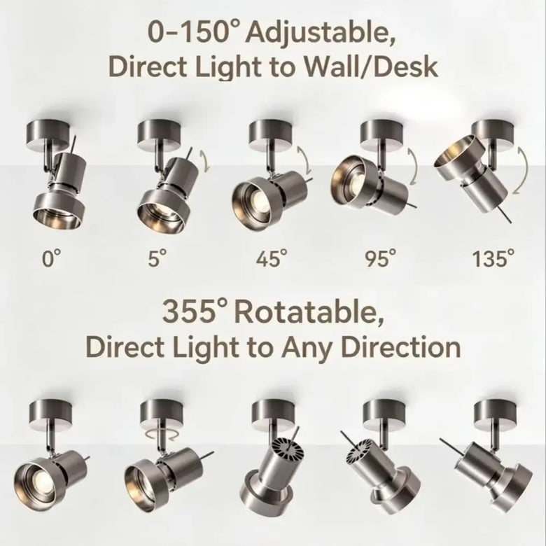 Various positions of adjustable brushed nickel spotlight showcasing 0-150° adjustment and 355° rotation for versatile lighting.