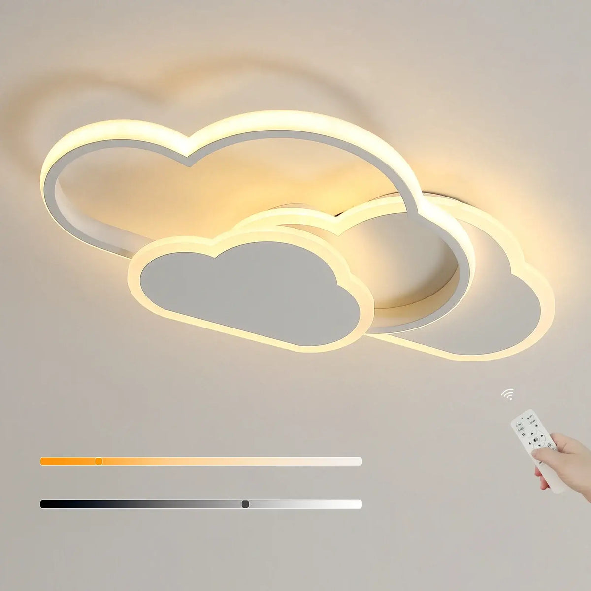 Cloud LED ceiling light featuring remote control, sculptural design, and dimmable LED technology, perfect for various rooms.