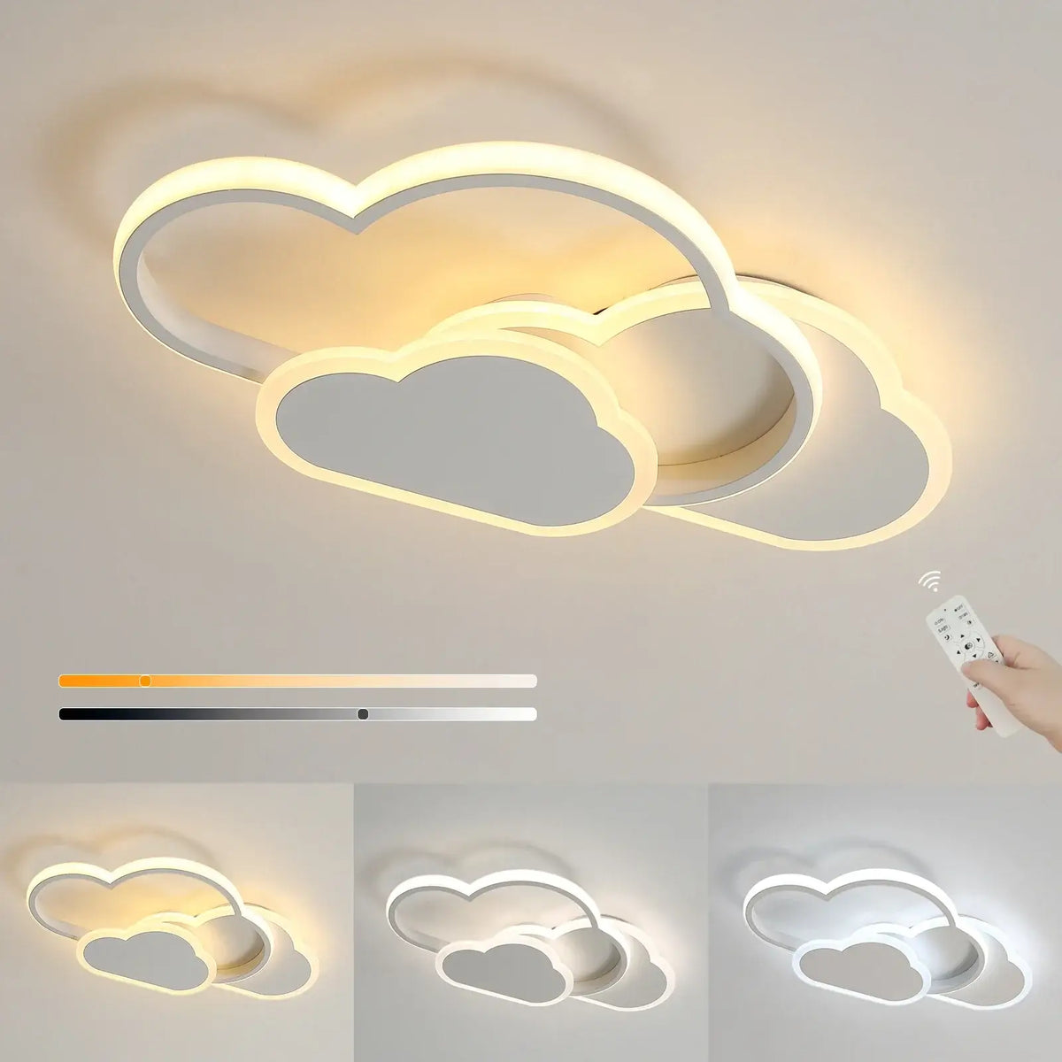 cloud LED ceiling light featuring unique cloud shape and remote control for adjustable brightness.