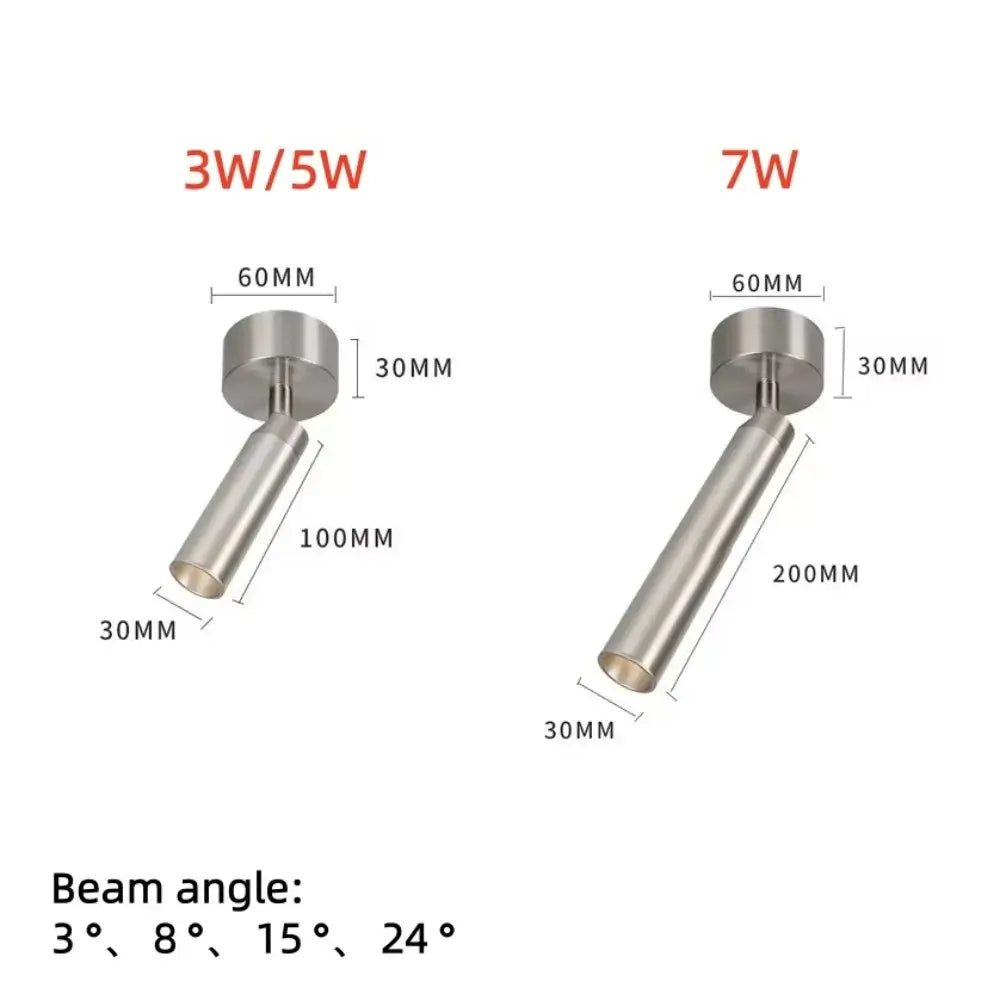 Minimalist Adjustable Spotlight options showcasing different wattages and beam angles for versatile lighting.