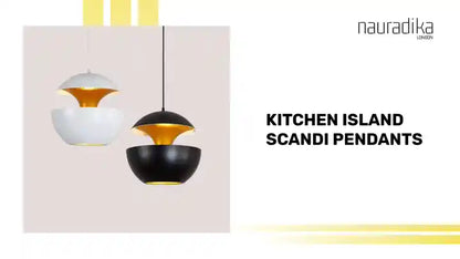 Kitchen Island Scandi Pendants in matte white and black with gold accents, Nordic design pendant lighting for modern spaces.