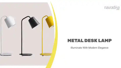 Metal Desk Lamp in black, white, and yellow with minimalist design for modern decor, featuring energy-efficient LED lighting.
