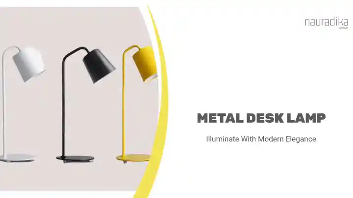 Metal Desk Lamp in black, white, and yellow with minimalist design for modern decor, featuring energy-efficient LED lighting.