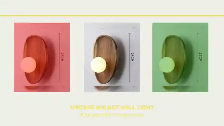 Vintage Walnut Wall Light in three color variations with dimensions shown
