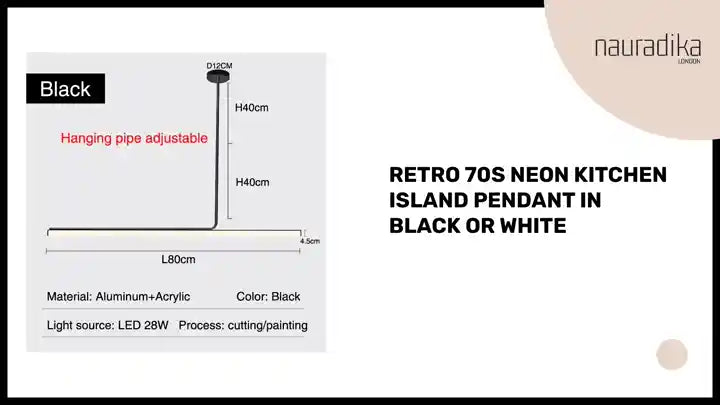 Retro 70s Neon Kitchen Island Pendant in Black or White dimensions and materials overview.