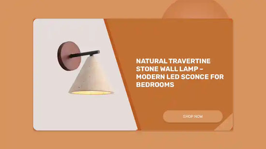 Natural Travertine Stone Wall Lamp – Modern LED Sconce for Bedrooms with sleek conical shade and black metal arm.