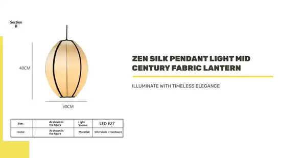 Zen Silk Pendant Light Mid Century Fabric Lantern with dimensions and specifications for timeless elegance.