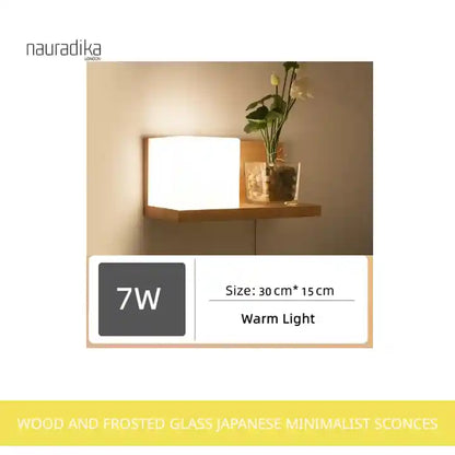 Wood and Frosted Glass Japanese Minimalist Sconces with plant integration and warm light.