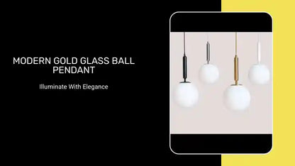Modern Gold Glass Ball Pendant with white glass lampshades and black metal accents for stylish home interiors.