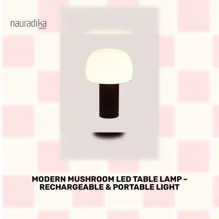 Modern Mushroom LED Table Lamp – Rechargeable & Portable Light on a pink patterned background.