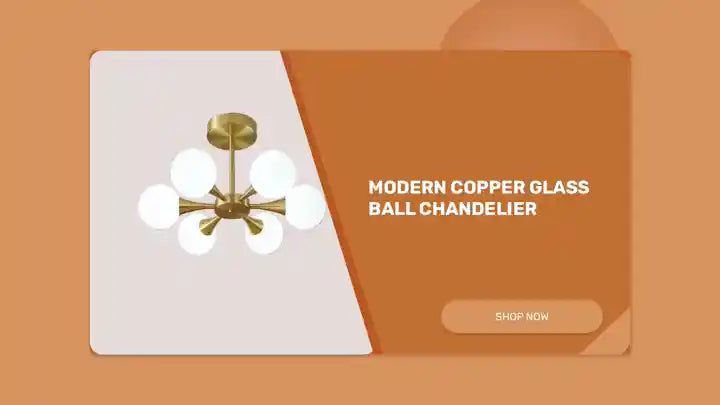Modern Copper Glass Ball Chandelier featuring frosted glass shades and unique trumpet arms.