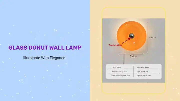 Glass Donut Wall Lamp with touch switch and size details for elegant illumination.