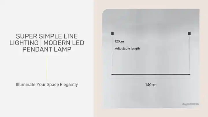 Super Simple Line Lighting | Modern LED Pendant Lamp illustration showing adjustable lengths of 120cm and 140cm.