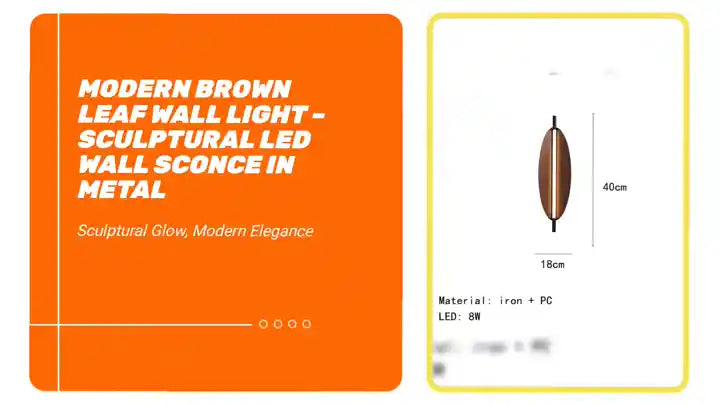Modern Brown Leaf Wall Light – Sculptural LED Wall Sconce in Metal with dimensions and material details.