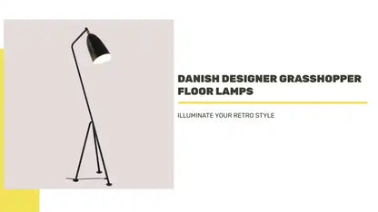 Danish Designer Grasshopper Floor Lamps in black, retro style enhancing mid-century decor, elegant and iconic look, perfect for stylish homes.