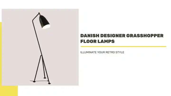 Danish Designer Grasshopper Floor Lamps in black, retro style enhancing mid-century decor, elegant and iconic look, perfect for stylish homes.