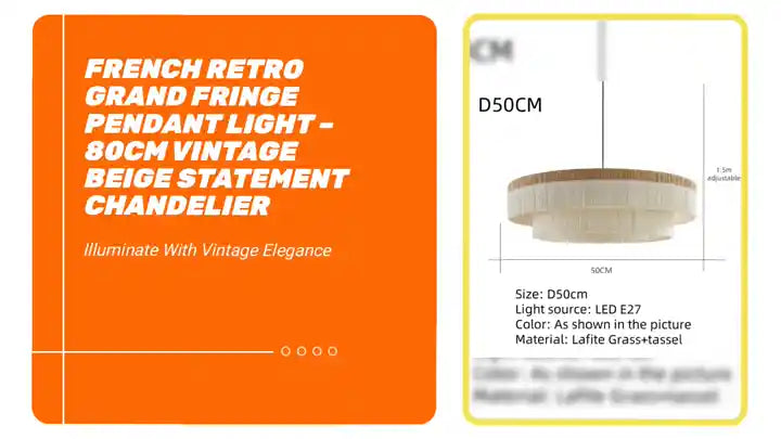French Retro Grand Fringe Pendant Light &ndash; 80cm Vintage Beige Statement Chandelier by@Outfy