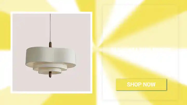 Elegant Linen Fabric Chandelier hanging light fixture against a yellow burst background.