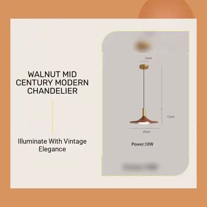 Walnut Mid Century Modern Chandelier with walnut wood patterns and built-in LED, shown in dimension specifications.