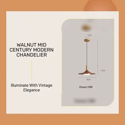 Walnut Mid Century Modern Chandelier with walnut wood patterns and built-in LED, shown in dimension specifications.