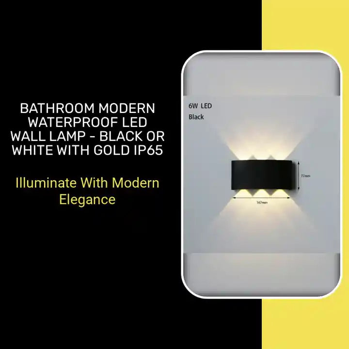 Bathroom Modern Waterproof LED Wall Lamp - Black or White with Gold IP65 displayed illuminating a contemporary space.