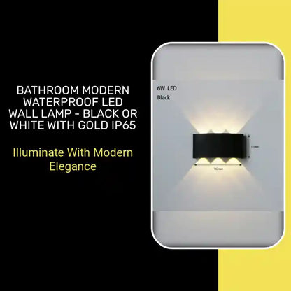 Bathroom Modern Waterproof LED Wall Lamp - Black or White with Gold IP65 displayed illuminating a contemporary space.