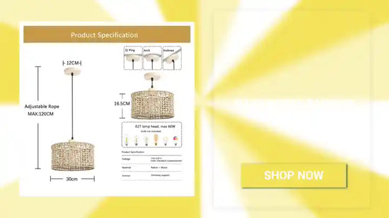 Handwoven Bamboo Pendant Shade product specifications and adjustable rope details with warm rustic charm.