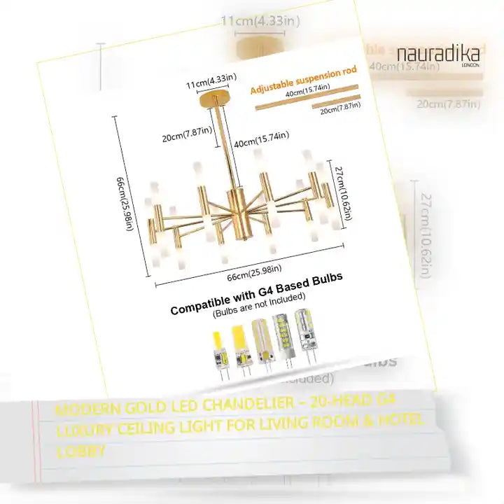 Modern Gold LED Chandelier – 20-Head G4 Luxury Ceiling Light for Living Room & Hotel Lobby specifications and dimensions.