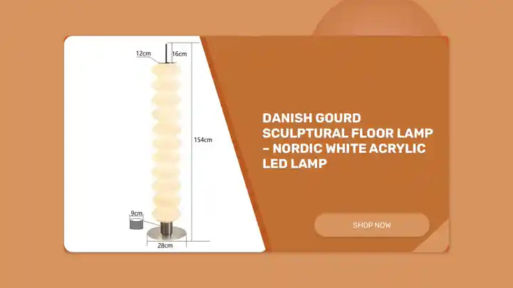 Danish Gourd Sculptural Floor Lamp – Nordic White Acrylic LED Lamp dimensions and design showcase a modern aesthetic.