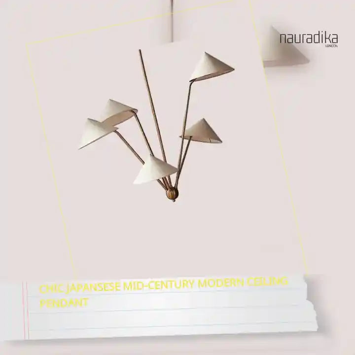 Chic Japansese Mid-Century Modern Ceiling Pendant showcasing unique wabi-sabi design with golden rods and soft fabric shades.