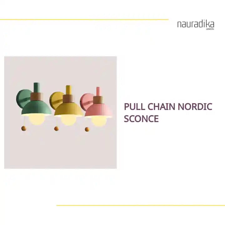 Pull Chain Nordic Sconce displayed in green, yellow, and pink colors with a playful design for children's rooms.