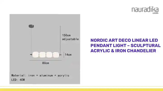 Nordic Art Deco Linear LED Pendant Light – Sculptural Acrylic & Iron Chandelier with adjustable height dimensions and materials listed.