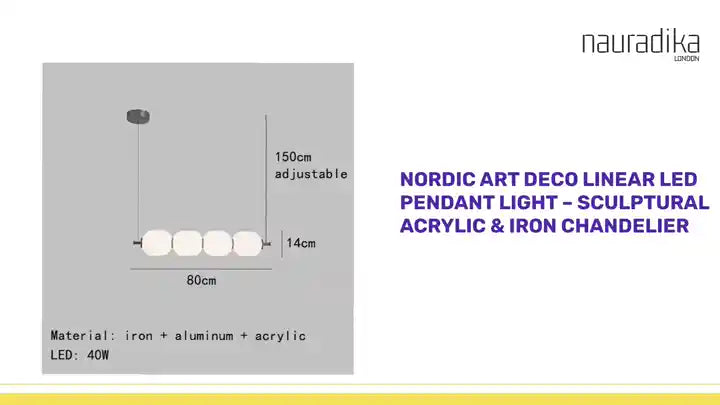 Nordic Art Deco Linear LED Pendant Light – Sculptural Acrylic & Iron Chandelier with adjustable height dimensions and materials listed.
