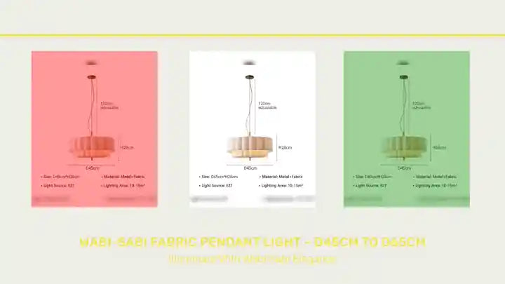 Wabi-Sabi Fabric Pendant Light – D45cm to D65cm showcasing color variations in fabric design and dimensions.
