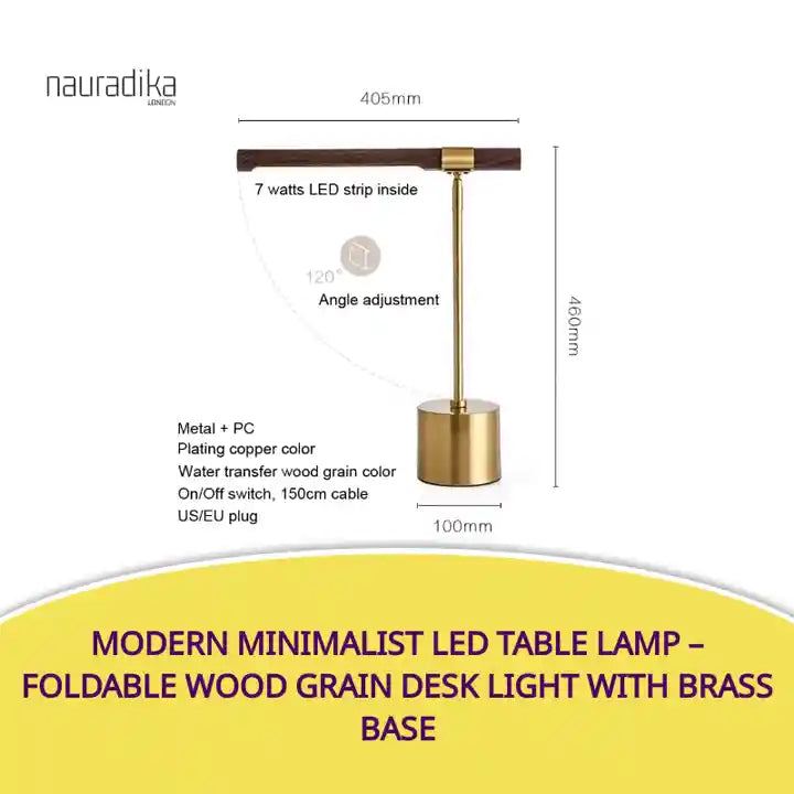 Modern Minimalist LED Table Lamp - Foldable wood grain desk light with brass base and adjustable design.