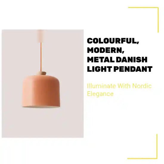 Colourful, modern, metal Danish Light Pendant displayed in a minimalistic setting.