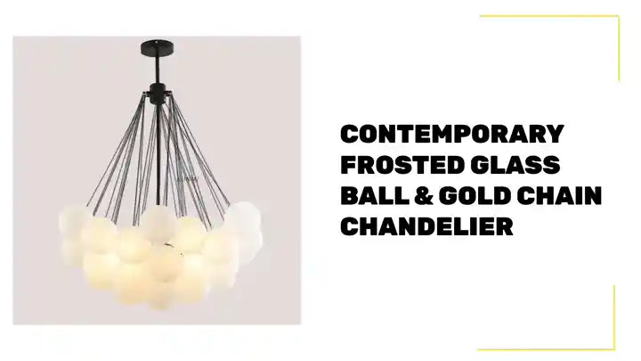 Contemporary Frosted Glass Ball & Gold Chain Chandelier hanging light fixture with multiple frosted glass balls.