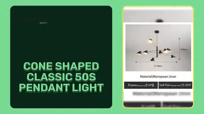 Design of Cone Shaped Classic 50s Pendant Light with material and size details.