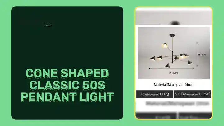 Design of Cone Shaped Classic 50s Pendant Light with material and size details.