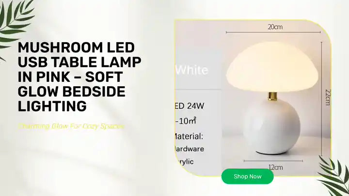 Mushroom LED USB Table Lamp in Pink – Soft Glow Bedside Lighting showcasing dimensions and elegant design.
