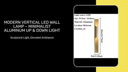 Modern Vertical LED Wall Lamp – Minimalist Aluminum Up & Down Light, showcasing sculptural design and dimensions for elegant home lighting.