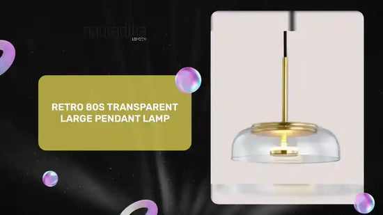 Retro 80s Transparent Large Pendant Lamp with gold fixture and glass shade on black background