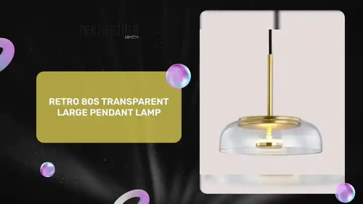Retro 80s Transparent Large Pendant Lamp with gold fixture and glass shade on black background
