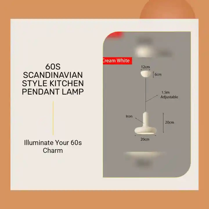 60s Scandinavian Style Kitchen Pendant Lamp with adjustable height and creamy white color, perfect for stylish kitchens.