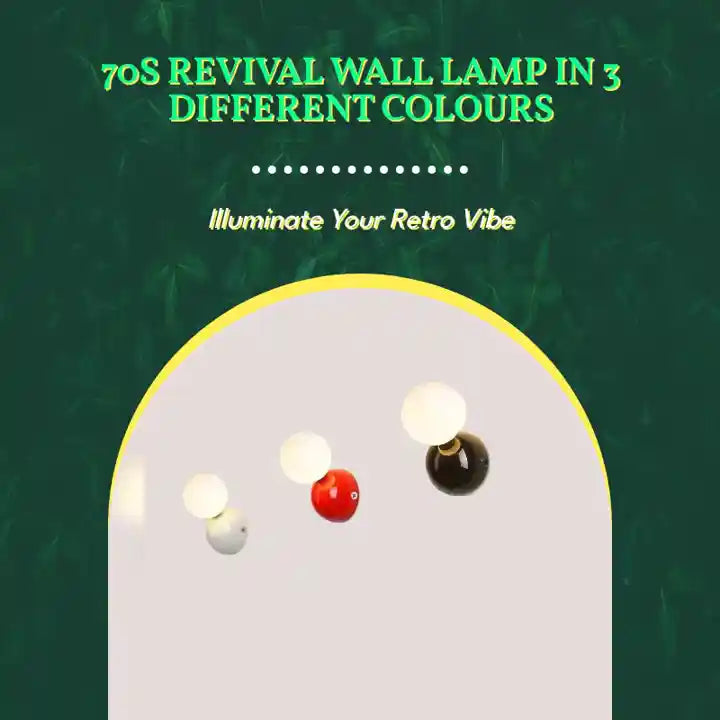 70s revival wall lamp in 3 different colours, showcasing retro style with painted metal bases and frosted glass balls.