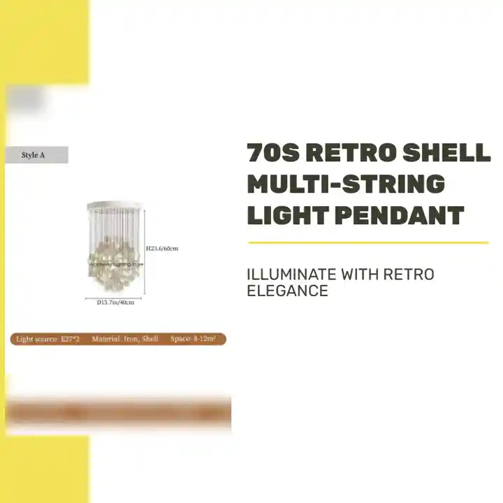 70s Retro Shell Multi-String Light Pendant with shell accents, available in various sizes, ideal for versatile lighting in modern spaces